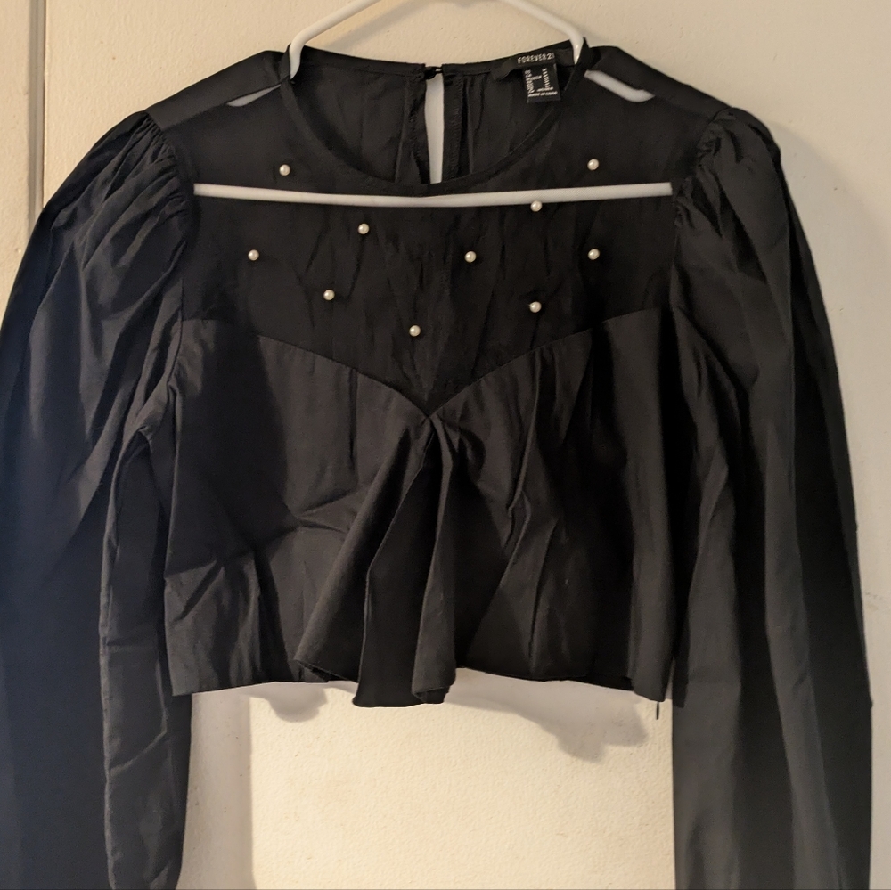 Forever 21 Black Long Sleeve Top with Pearl Accents